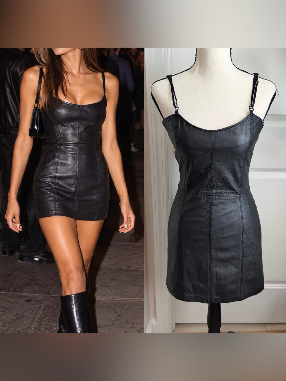 PZA Y2K Vintage Genuine Leather Bodycon Micro Mini Dress Black Sz S